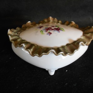 Porcelain Trinket Box - Ruffled Lid and Purple Flowers