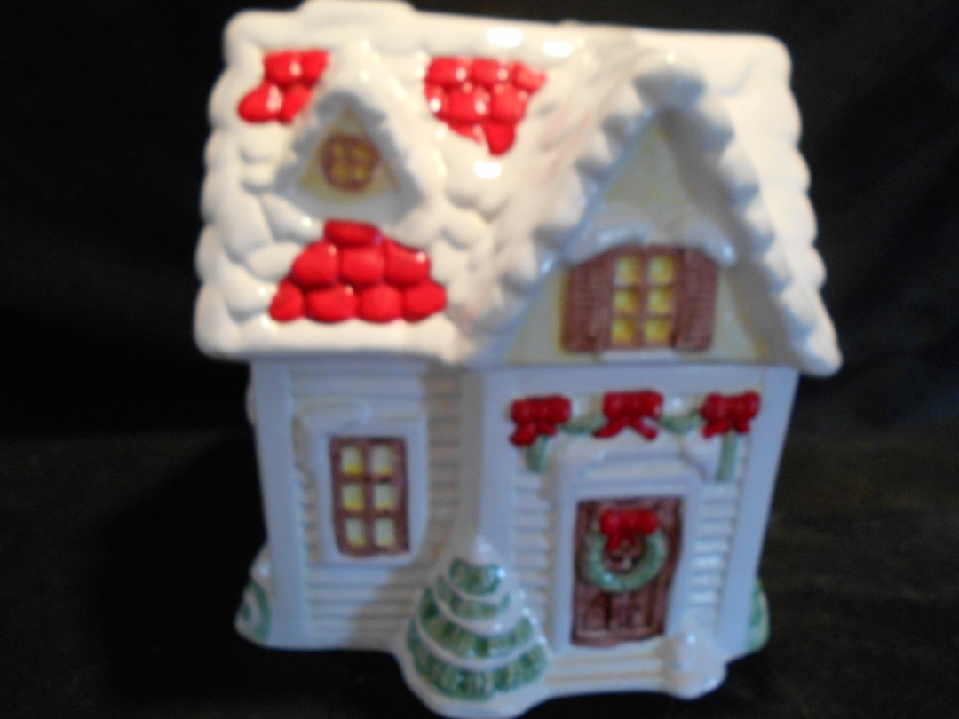 White Christmas House Cookie Jar - Etsy