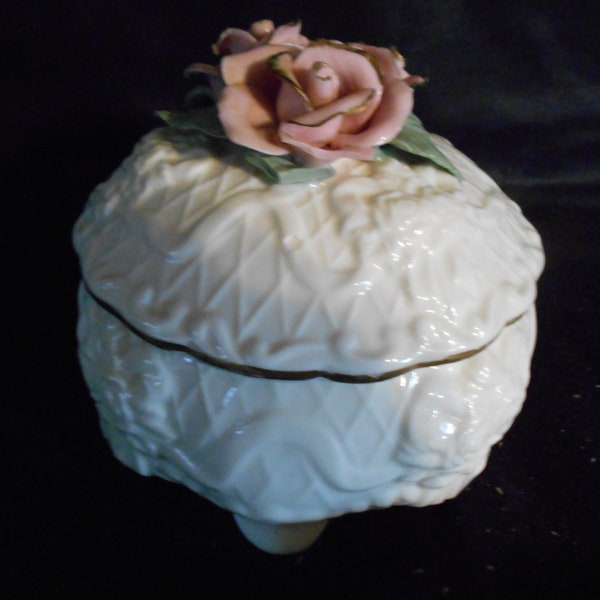 Bisque Porcelain Capodimonte Style Trinket Box - Roses