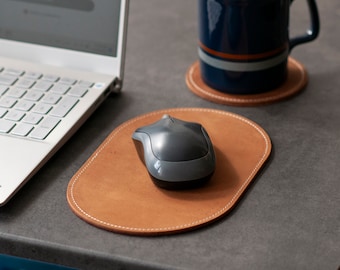 Personalized Small Leather Mouse Pad, Oval Desk Pad for Tight Spaces, Coffee House Desk Pad 3rd Anniversary Gift For Husband Wife