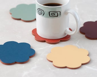 Set of 5 w/holder Colorful Leather Coasters , Unique Shaped Whiskey Coasters 3rd Year Anniversary , Housewarming Gift,  Father's Day