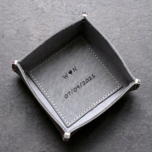 Father's Day Gift Customized Catchall Leather Watch Tray , Small Handstitched Leather Ring Dish, 3rd Year anniversary Wedding Gift GRAY