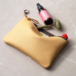 Makeup Pouch Leather Case , Personalized Colorful Zipper Clutch , Bridesmaid Gift Wedding Bag Mother's Day Gift For Her Yellow Ochre