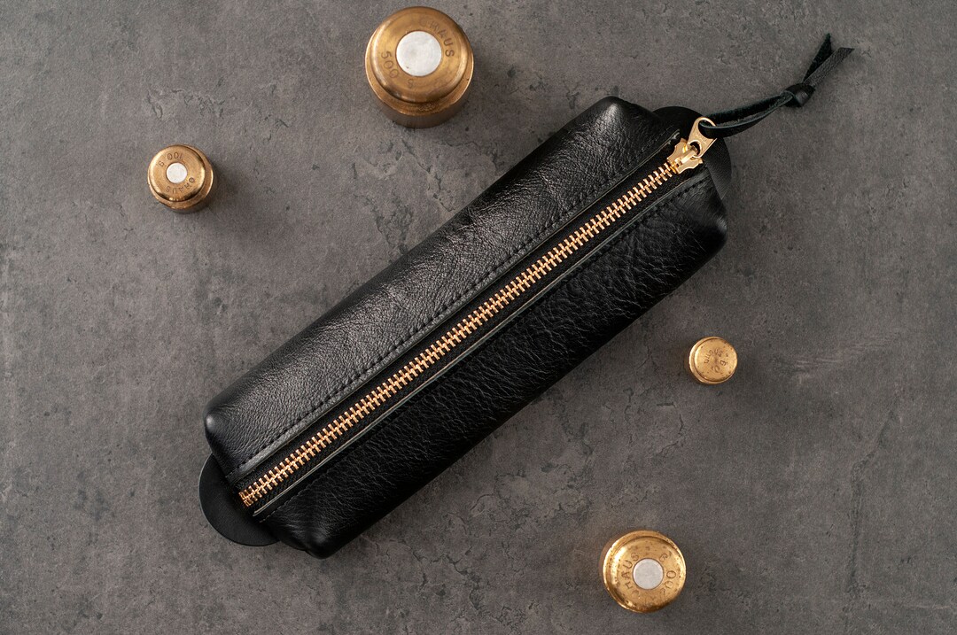 Leather Pencil Case Black , Green , Italian Leather Pen Pouch