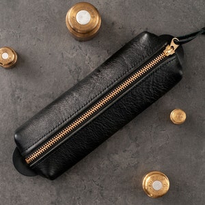 Leather Pencil Case Black , Green , Italian Leather Pen pouch , Luxurious Makeup Bag , Unique Holiday Mother's Day Gift Graduation Gift