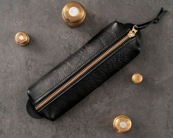 Leather Pencil Case Black , Green , Italian Leather Pen pouch , Luxurious Makeup Bag , Unique Holiday Mother's Day Gift Graduation Gift