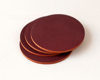 Personalized Leather Coaster Set with Holder, Customized Round Burgundy Whiskey Coasters Coffee Mug Mat, 3rd Anniversary, Christmas Gift