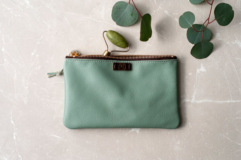 Makeup Pouch Leather Case , Personalized Colorful Zipper Clutch , Bridesmaid Gift Wedding Bag Mother's Day Gift For Her Jade Green