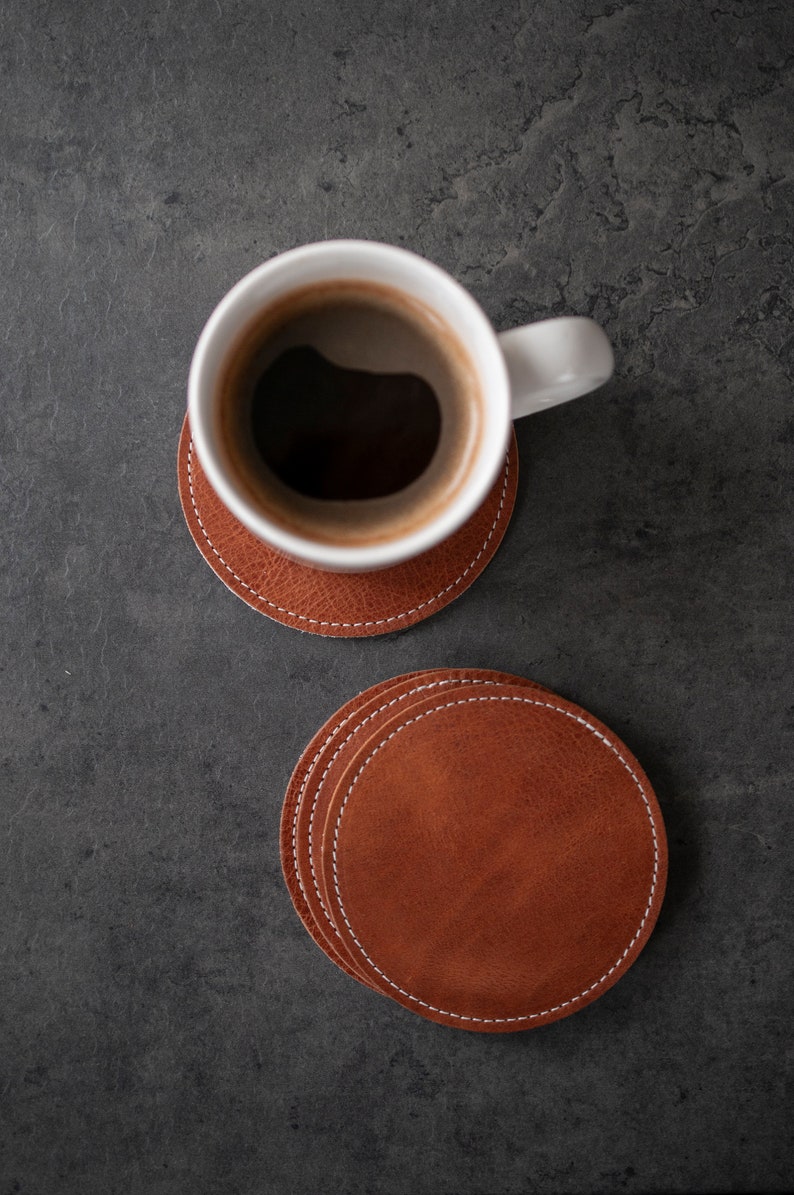 Leather Coasters Set of 4 , Round Whiskey Coasters, 3rd Anniversary Gift for him her, Coffee Mug Mat, Wedding ,Housewarming Father's Day image 5