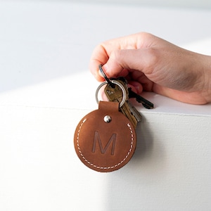 Monogrammed Leather Key Fob, Personalized Round Key Holder
