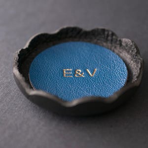 Personalized Leather Ring Dish, Small Jewelry Tray, Anniversary Gift Sapphire Blue