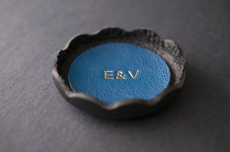 Personalized Leather Ring Dish, Small Jewelry Tray, Anniversary Gift Sapphire Blue