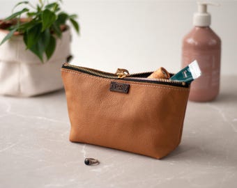 Personalized Makeup Clutch Leather  ,Travel Pouch , Cosmetic Organizer Handmade in US
