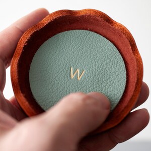 Personalized Leather Ring Dish, Handmade Jewelry Tray, Burgundy Catchall , Wedding Engagement Anniversary Gift Jade Green