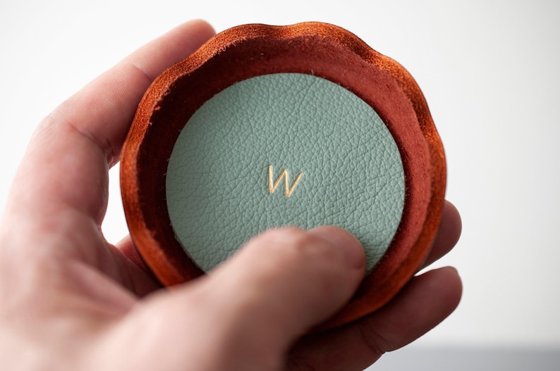 Personalized Leather Ring Dish, Handmade Jewelry Tray, Burgundy Catchall , Wedding Engagement Anniversary Gift Jade Green