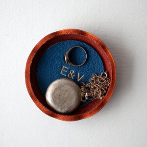 Personalized Leather Ring Dish, Handmade Jewelry Tray, Burgundy Catchall , Wedding Engagement Anniversary Gift Sapphire Blue