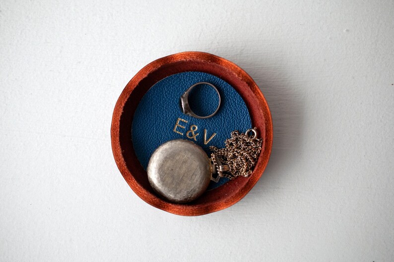 Personalized Leather Ring Dish, Handmade Jewelry Tray, Burgundy Catchall , Wedding Engagement Anniversary Gift Sapphire Blue