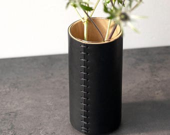 Leather Vase , Black Leather Wrapped Vase , Luxurious Decorative Flower Container  3rd Anniversary Gift For Him  , Her Christmas