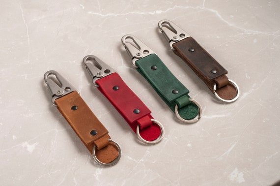 Green Leather Key Chain, Stainless Steel Carabiner Clip, Custom