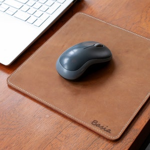 Personalized Leather Mouse Pad, Customized Square Desk Pad, Luxe Office Decor 3rd Anniversary Gift For Husband Wife HONEY