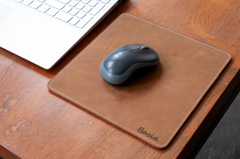 Personalized Leather Mouse Pad, Customized Square Desk Pad, Luxe Office Decor 3rd Anniversary Gift For Husband Wife HONEY