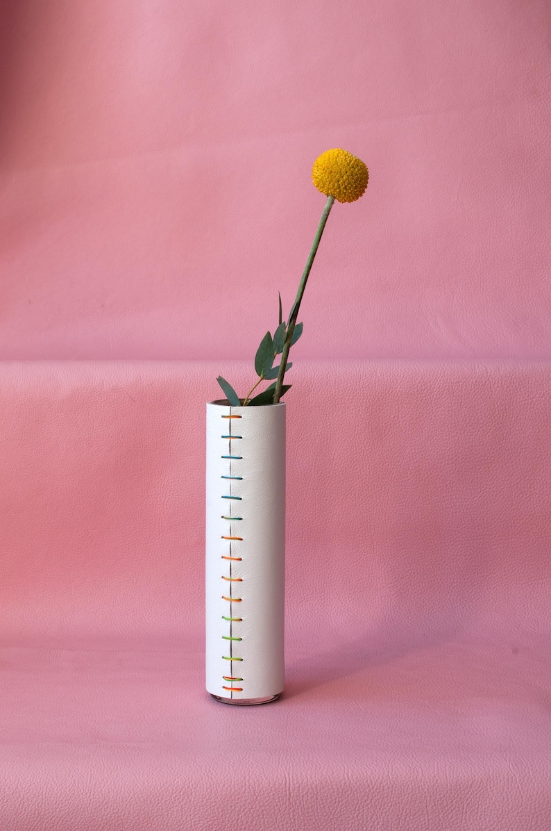 Leather Wrapped Vase: White with colored Handstitched Cover - Fresh or Dried Flowers image 7