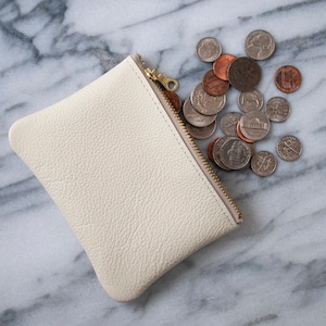 Leather Pouch , Small Zipper Coin Purse , Colored Small Leather Card Wallet , Minimalist Mother's Day Gift For Him , Her Eggshell