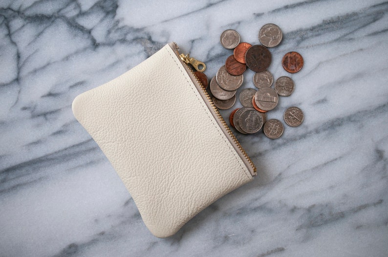 Leather Pouch , Small Zipper Coin Purse , Colored Small Leather Card Wallet , Minimalist Mother's Day Gift For Him , Her Eggshell