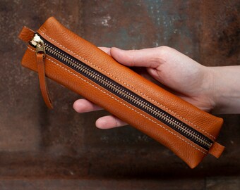 Slim Leather Pencil Case , Small Brown Pen Pouch , Sleek Leather Brass Zipper Organizer , Christmas , Birthday Gift For him , her Teacher