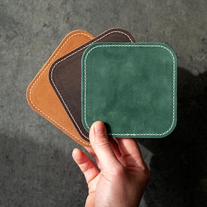 Personalized Leather Coaster Set, Handmade Cowhide Suede Backing Mug Mat, 4x4 Square Home Gift