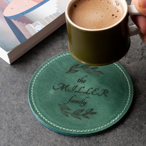 Family Coaster Set of 4 Leather , Name Laser Engraved Round Whiskey Coasters, 3rd Anniversary Coffee Mug Gift For Husband Wife Father's