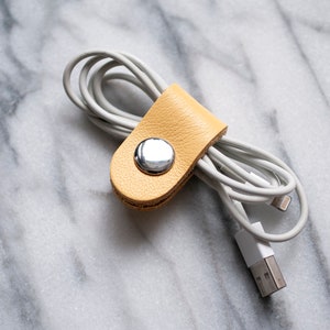 Single Leather Cord Wraps Cable Organizer Headphone Cord Keeper Tie , Organizer Charge Cable Holder , Small Mother's Day Gift For Her Yellow Ochre