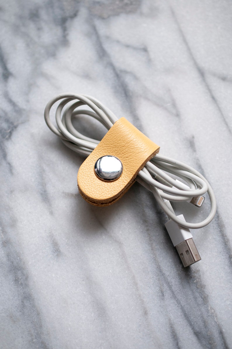 Single Leather Cord Wraps Cable Organizer Headphone Cord Keeper Tie , Organizer Charge Cable Holder , Small Mother's Day Gift For Her Yellow Ochre