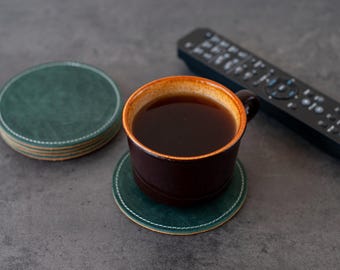 Monogrammed Leather Coasters, Anniversary Gift for Him, Groomsmen Round Whiskey Glass Coffee Coaster