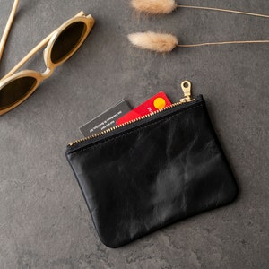 Leather Pouch , Small Zipper Coin Purse , Colored Small Leather Card Wallet , Minimalist Mother's Day Gift For Him , Her Black