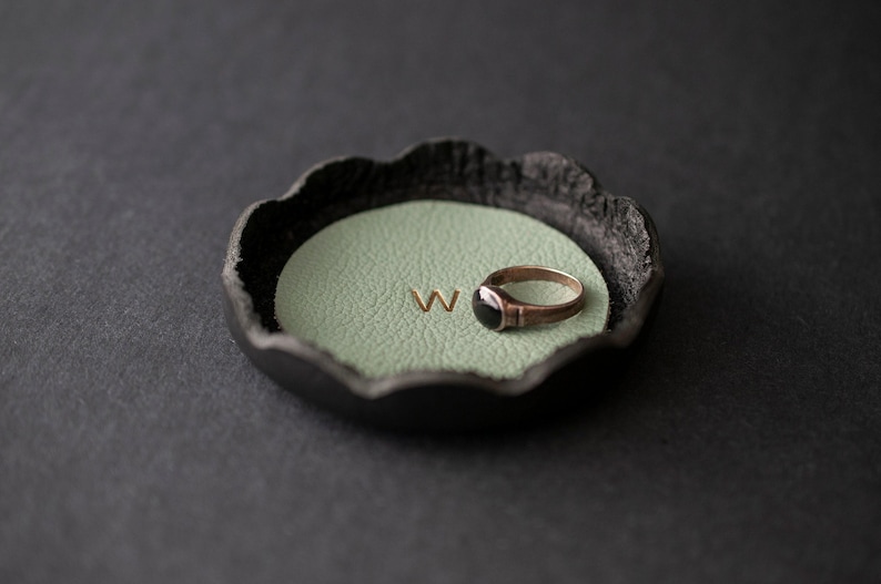 Personalized Leather Ring Dish, Small Jewelry Tray, Anniversary Gift Jade Green