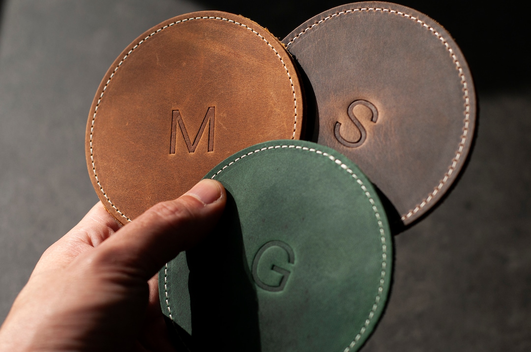 Personalized Leather Coaster Set , Customized Round Whiskey Coasters