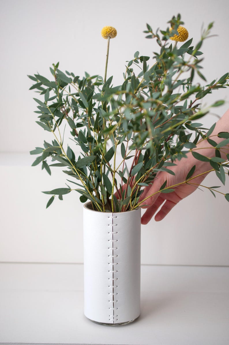 Leather Wrapped Vase: White with colored Handstitched Cover - Fresh or Dried Flowers image 3