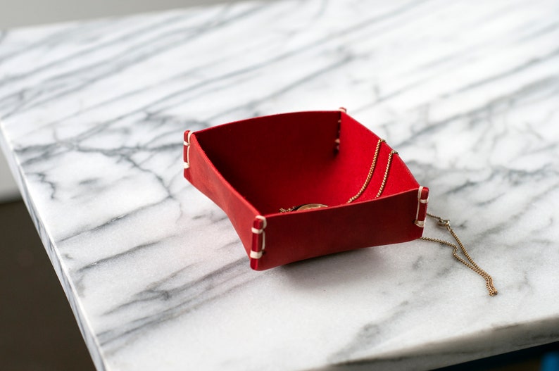 Personalized Leather Jewelry Dish, Small Catchall Hand Stitched Ring Tray, 3rd anniversary Wedding Gift, For Him Her Mother's Day DEEP RED