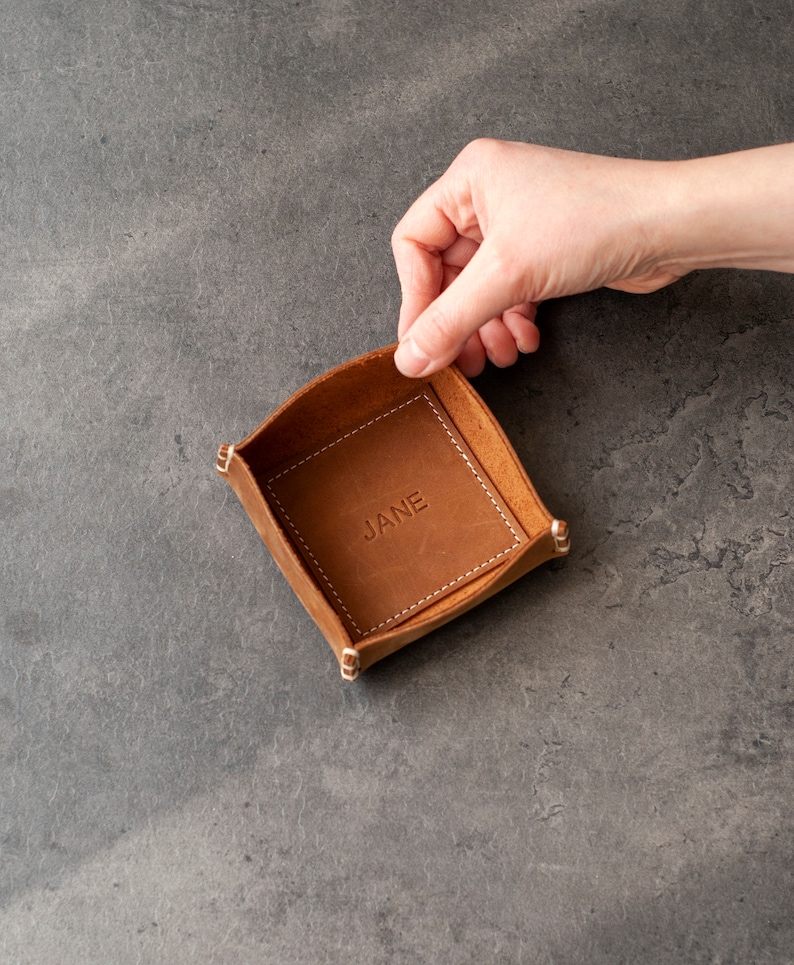 Personalized Leather Jewelry Dish, Small Catchall Hand Stitched Ring Tray, 3rd anniversary Wedding Gift, For Him Her Mother's Day HONEY