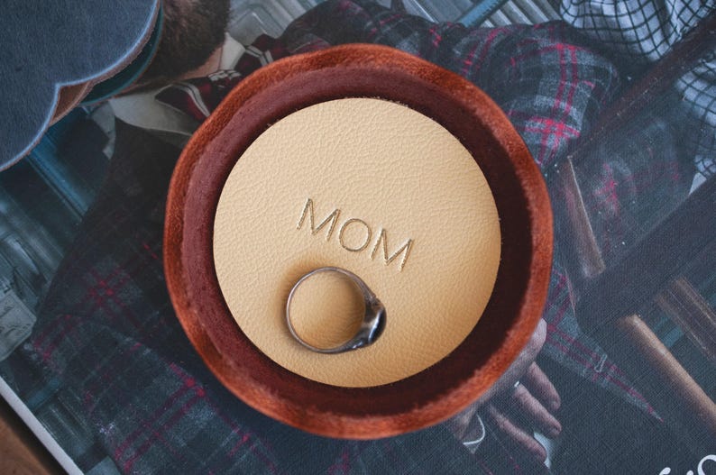 Personalized Leather Ring Dish, Handmade Jewelry Tray, Burgundy Catchall , Wedding Engagement Anniversary Gift Yellow Ochre