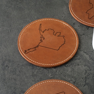 State Coaster Set of 4 Leather , Laser Engraved Round Whiskey Coasters, 3rd Anniversary Coffee Mug Gift For Husband Wife Mother's Day