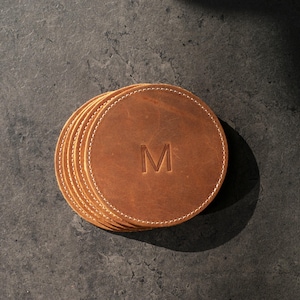 Personalized Leather Coaster Set, Groomsmen Round Whiskey Glass Coffee Coaster, Anniversary Gift for Him