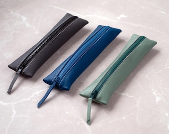 Slim Leather Pencil Case, Personalized Pen Pouch, Zipper Organizer