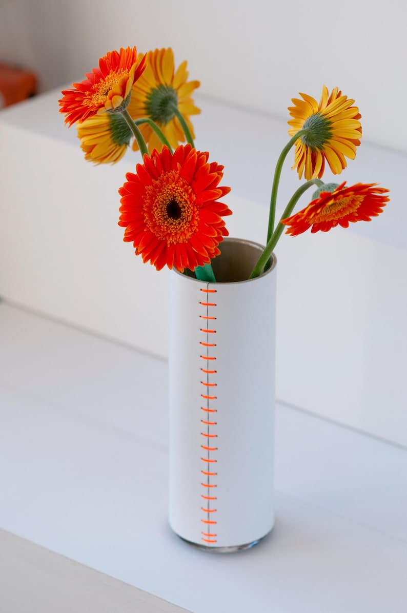 Leather Wrapped Vase: White with colored Handstitched Cover - Fresh or Dried Flowers image 4