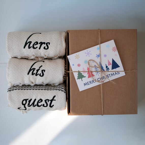 Towel Gift Set , 3 Hand Towels in Black or Festive Colors , His, Hers Guest  Towels, Christmas Holiday Gift for Newly-wed 