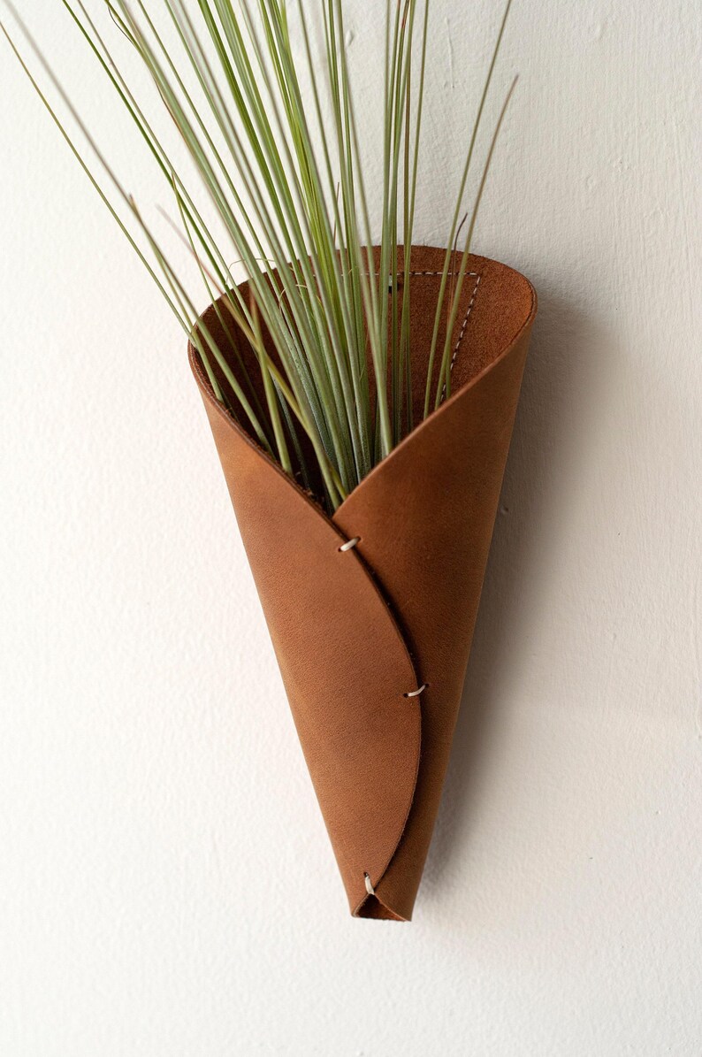 Leather Air Plant Holder, Wall Hanging Cone (Modern Rustic Style) image 2