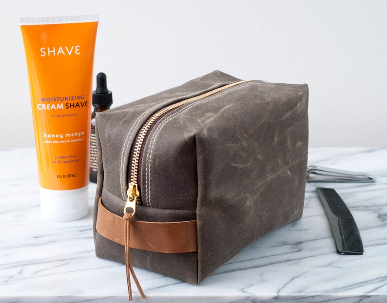 Personalized Dopp Kit ,Waxed Canvas, Large Makeup Bag , Travel Toiletry , Unique Gift For Groomsmen Him Her Mother's Day brown