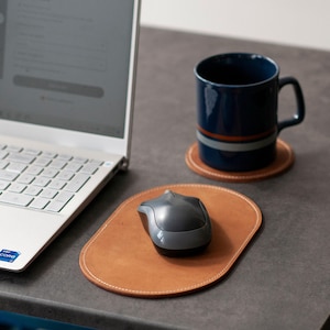 Personalized Small Leather Mouse Pad, Oval Desk Pad for Tight Spaces, Coffee House Desk Pad 3rd Anniversary Gift For Husband Wife