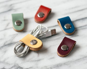 Set Of Five Leather Cord Keeper Handmade , Snap Cable Organizer , Stocking Stuffer